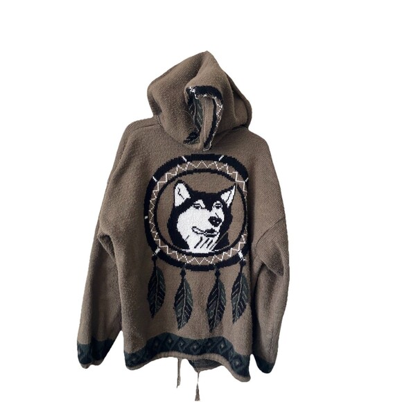 Tejidos Ruminahui Jacket Hoodie Size XL Brown Sweater Wool Wolf Print - Picture 1 of 9